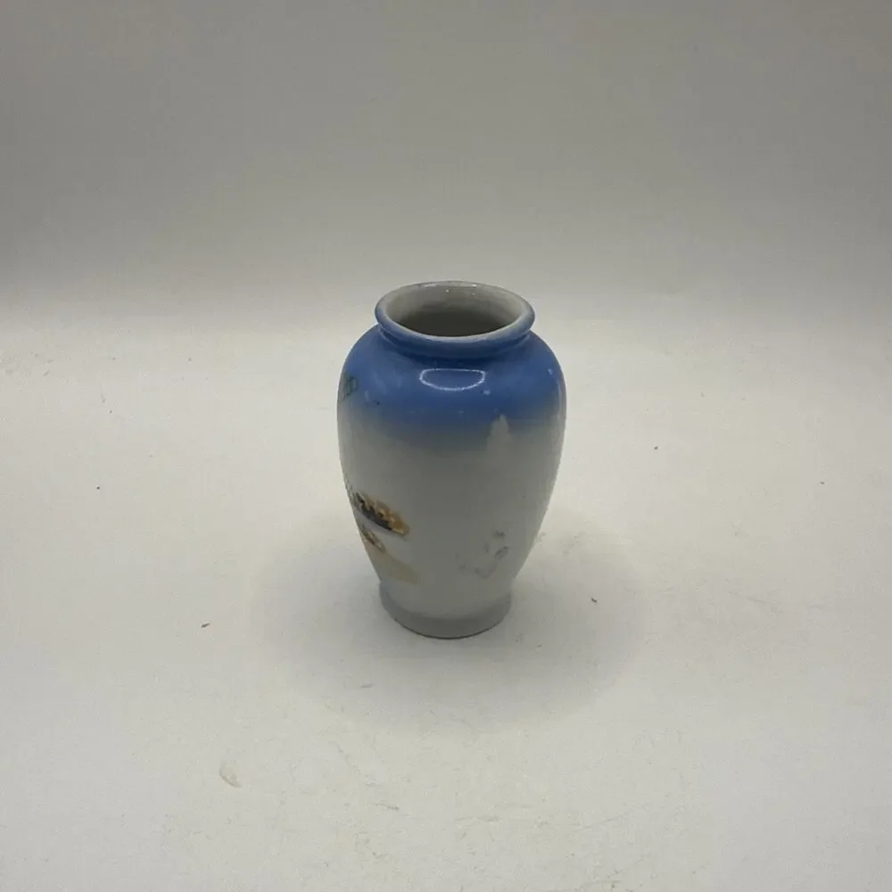Vintage Miniature Porcelain Vase 2 3/4” Windmill Scene Blue Hand Painted Japan *